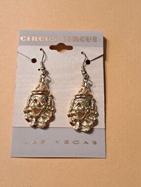 New Circus Circus Las Vegas Gold Tone Clown Dangle Drop Earrings